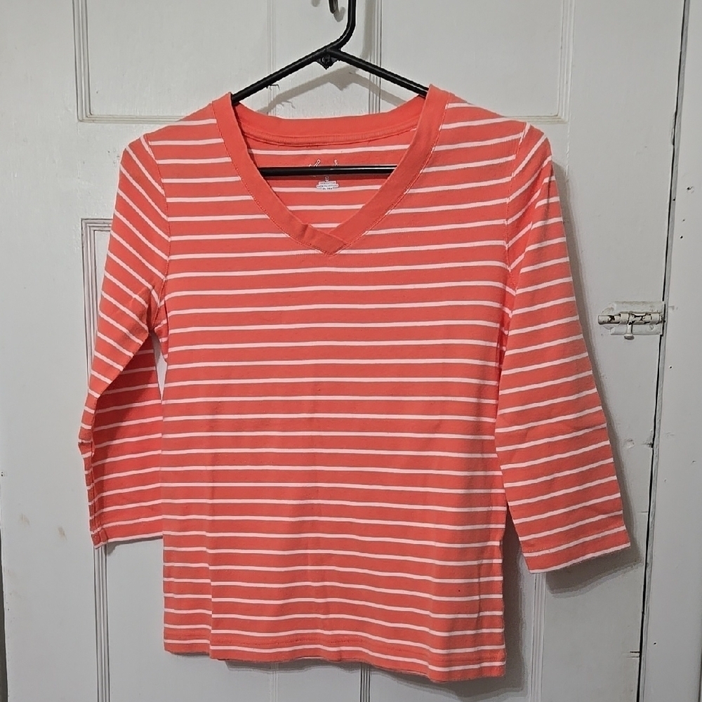 KIM ROGERS CORAL WHITE STRIPE 3/4 SLEEVE LADIES SMALL SHIRT GUC